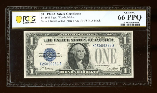 DBR 1928-A $1 Funnyback Gem Fr. 1601 KA Block PCGS-B 66 PPQ Serial K25059283A
