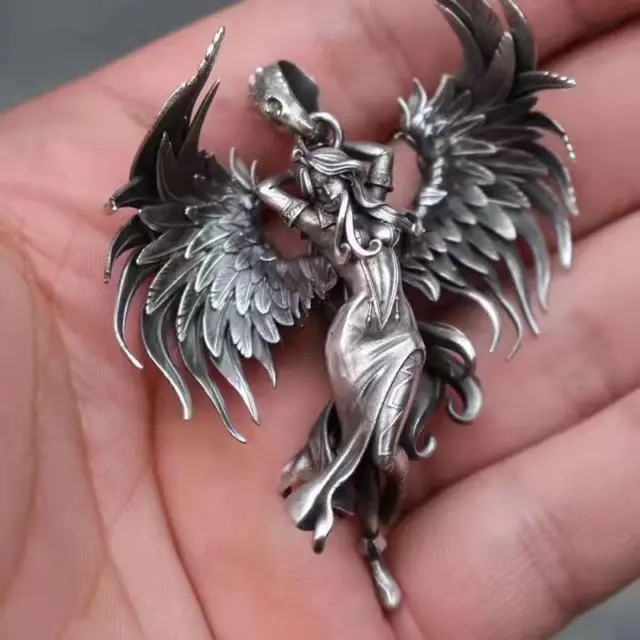 Fashion Retro Silver Gothic Punk Evil Angel Wings Pendant Necklace Men and Women