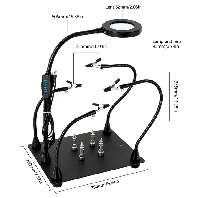 Helping Hands Soldering Clamp Station+3X LED Magnifying Glass Lamp DC 5V/2A TOP