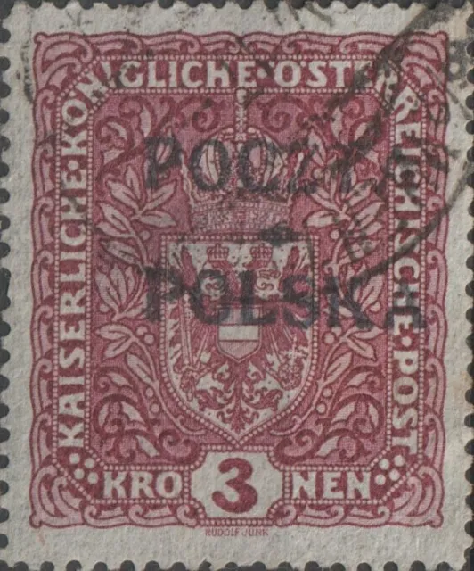 USED 1919 POLAND 3 Kronen Coat of Arms POCZTA POLSKA OVERPRINT Austrian PURPLE