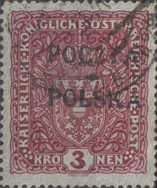USED 1919 POLAND 3 Kronen Coat of Arms POCZTA POLSKA OVERPRINT Austrian PURPLE