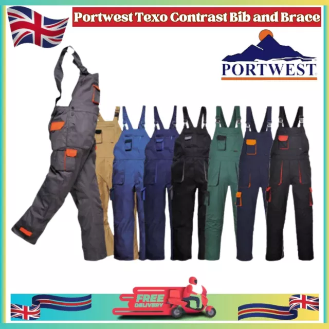 Men Texo Contrast Painter Safety Work Wear Bib & Brace Trousers Overall Coverall