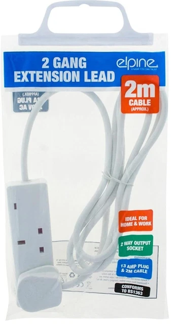2 GANG EXTENSION Socket Lead Cable Electric 13a Mains Power Adaptor 2m ...