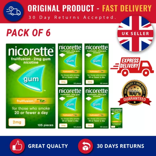 6 x 105 Nicorette Fruit Fusion 2mg Nicotine Gum -  630 Pieces - Exp 2025