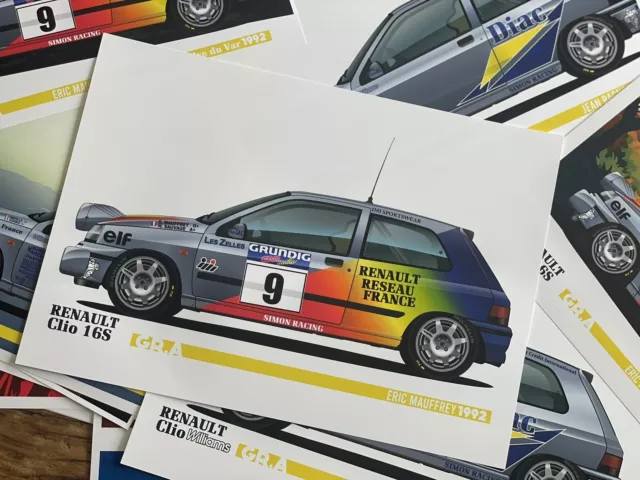 Affiche A3 Poster déco Renault Clio 16s Gr.A Diac Rallye 1992 Éric Mauffrey