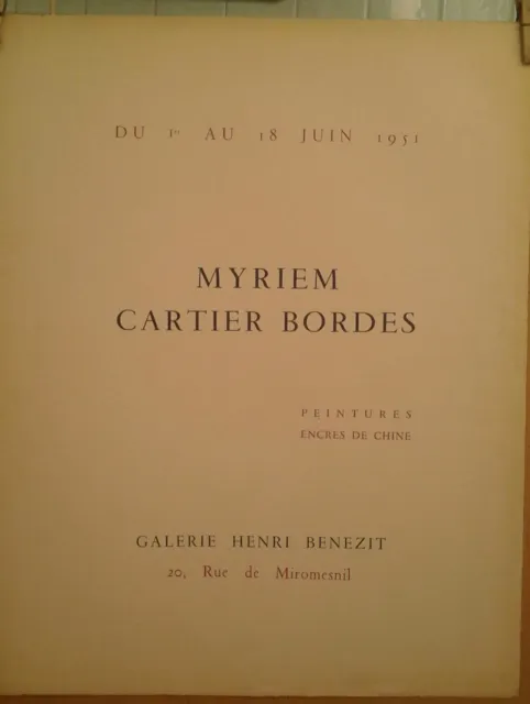 AFFICHE 6/ 1951 GALERIE HENRI BENEZIT PARIS Exposition MYRIEM CARTIER BORDES   