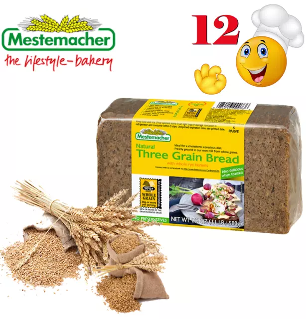 MESTEMACHER Lifestyle Bread THREE GRAIN 12 UNITS 500gr Vegan All Natural NO GMO