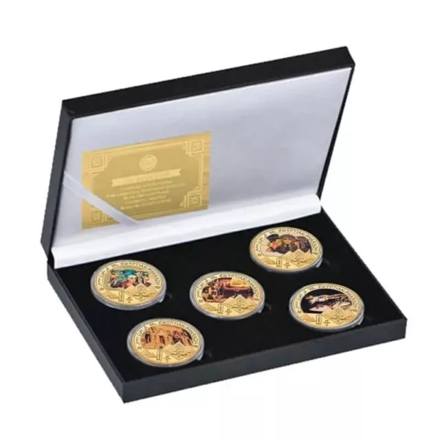 Egyptian Pharaoh x5 Gold Plated Coins & Box Egyptian pyramids / Sphinx Tomb