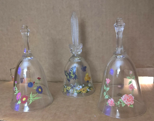 3 Vintage Avon 24% Full Lead Crystal Birthday / Floral / Crystal Butterfly Bells