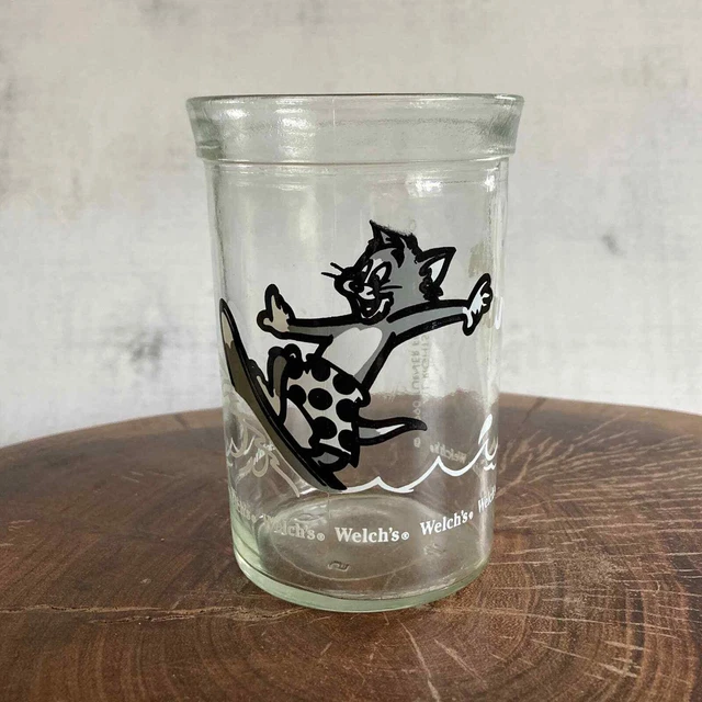 WELCH'S Vintage 1990 Tom & Jerry Tom Surfing Jelly Jar Glass Juice Glass 4"