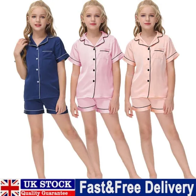 Toddler Kids Girls Silk Pyjamas Nightwear Top Pants Pjs Satin Sleepwear Outfits