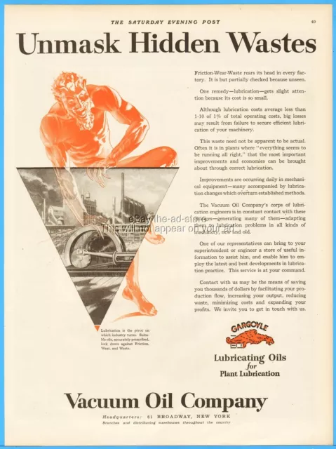 1926 Gargoyle Mobiloil Vacuum Oil Co Demon Lubrication Unmask Hidden Wastes Ad