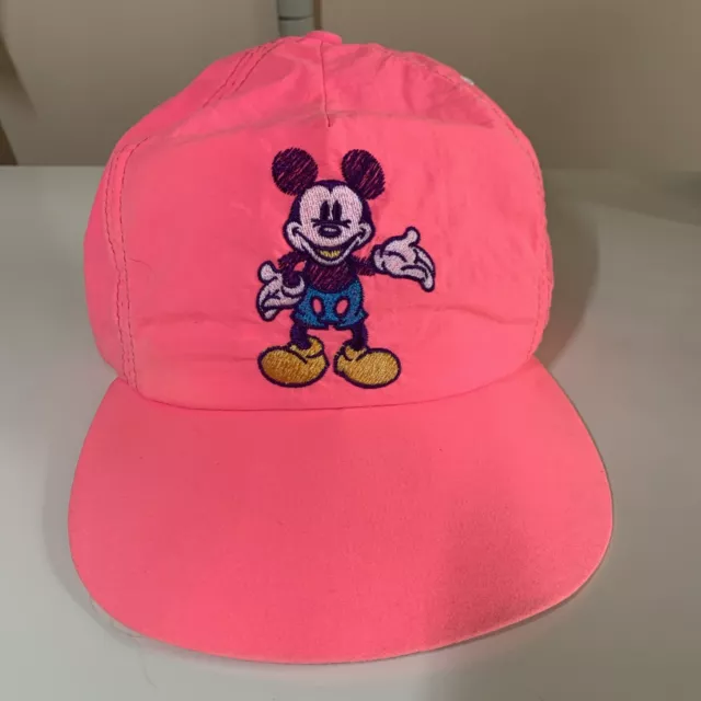 Vintage Disney Mickey Mouse Hat Cap Neon/Hot Pink Strapback Made In USA