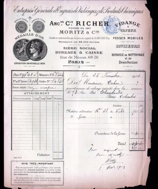 PARIS (XIX°) ENGRAIS & PRODUITS CHIMIQUES "RICHER / MORITZ Succ" en 1912