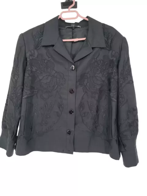 Linda Allard Ellen Tracy Size 18 Womens Jacket Black Linen Embroidered Blazer