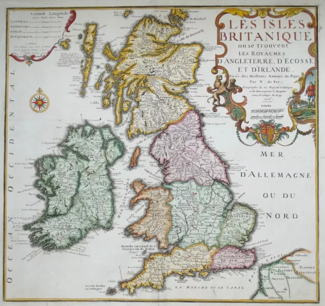 BRITISH ISLES, Great Britain, UK, Nicolas De Fer original antique map 1706