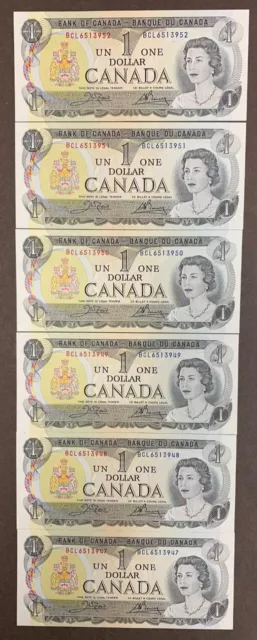 Bank of Canada 1973 Lot of 6 Consecutive Notes BCL Prefix Crow-Bouey UNC