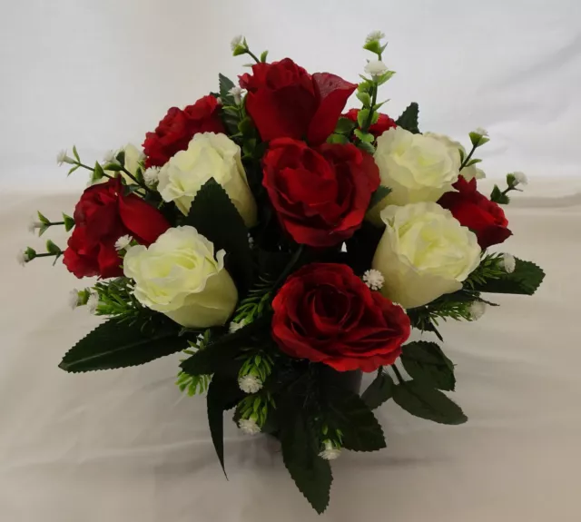Artificial Silk Flowers Grave/Crem Pot Red Rose Memorial Flower Arrangement 3