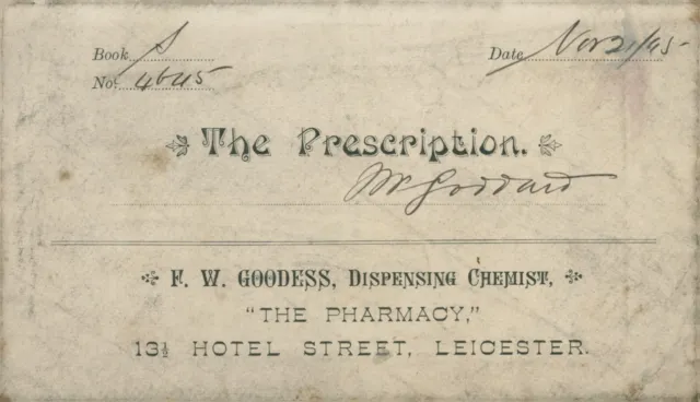 Antique Prescription Envelope F W Goodess Chemist Leicester To Miss Jarrard