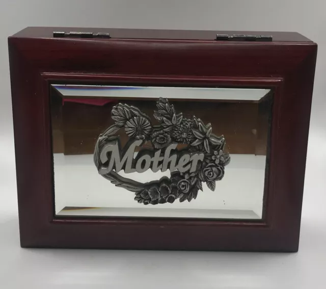 Vintage Wooden Hinged Keepsake Box Chest says Mother on Glass front 7” Wide