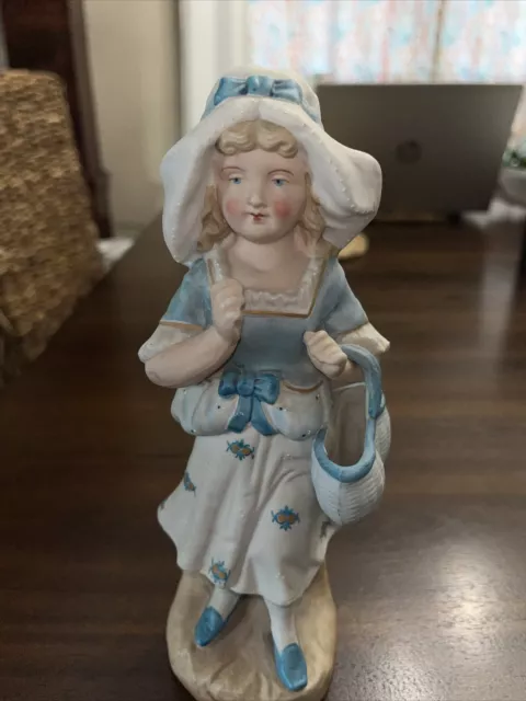 Vintage Bisque Porcelain Figurine Little Girl Blue Dress And Hat 9"