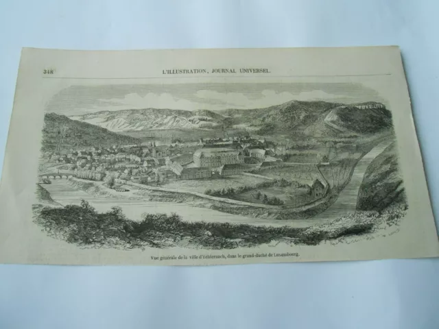 Gravure 1855 - Vue générale de la ville d'Echternach Luxembourg