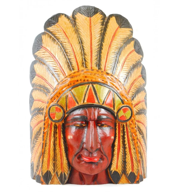 Grand masque de chef indien américain avec coiffe de plumes - bois peint 50