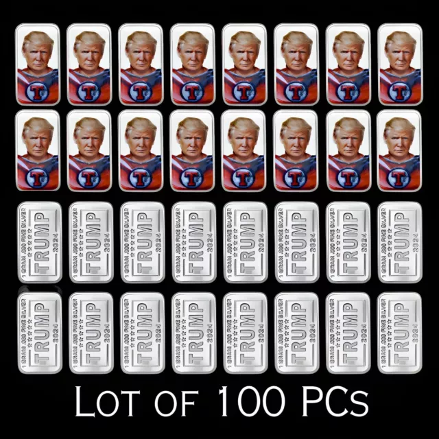 100x Lot 1g .999 Fine Silver Bar Colorized Donald Trump as Superman TRUMP 2024