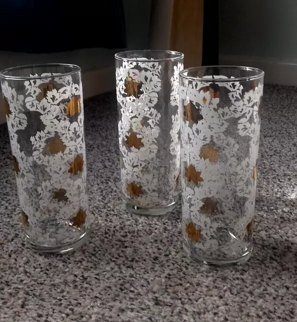 3 Vintage (1950's) Fruit  Juice Glasses (White / Gold Leaf Design) Details Below