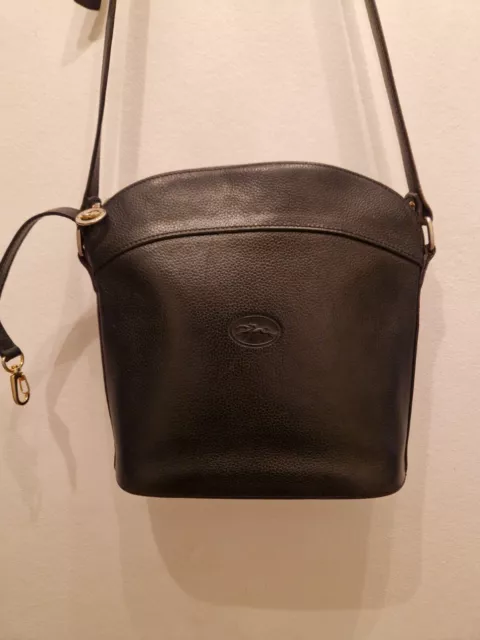 Authentique Sac Bandouliere En Cuir Graine Noir Longchamp