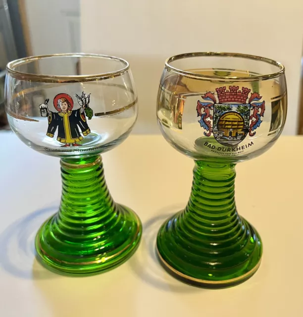 Vintage Set of 2 German Goblets Green Beehive Glass Stem Rudesheim Crest Gold