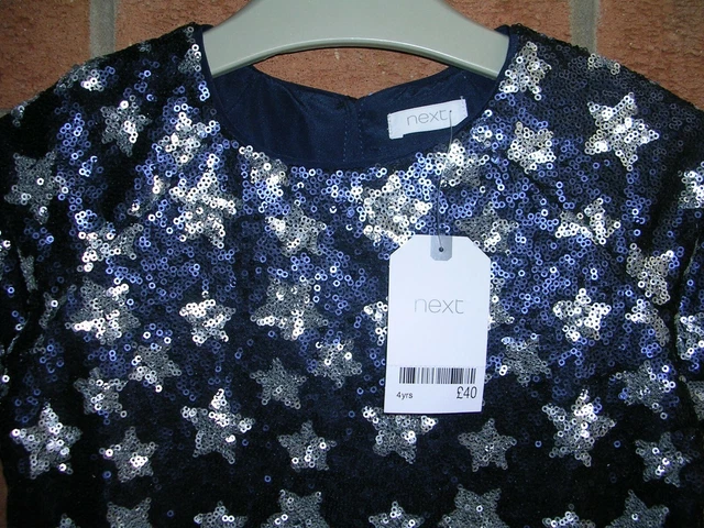 Abito nuovo con etichette NEXT Navy Paillettes Star blu scintillante età 4 NUOVO Natale prezzo disponibile £40 2