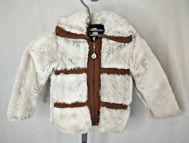 Vintage Weather Tamer Faux Fur Jacket Coat Girls 6X Childs Kids Beige Brown Trim