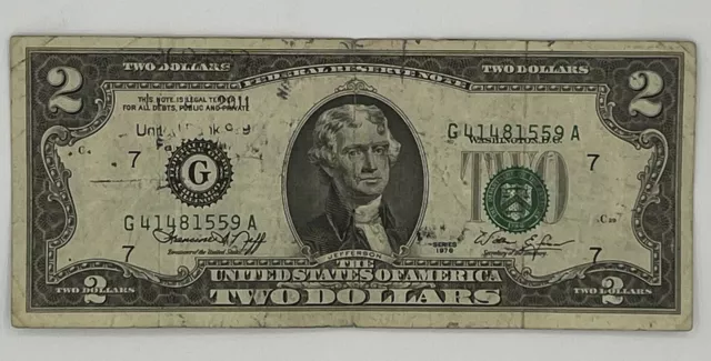 ERROR - MISALIGNED $2 Bill - 1976 Federal Reserve Note - Circulated - Bank Stamp