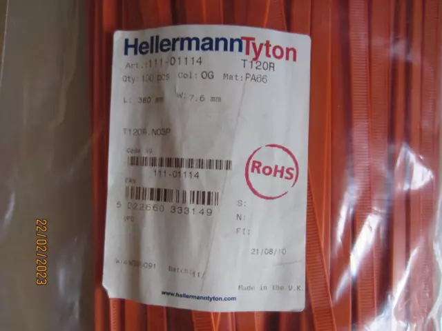 200 fascette per cavi HellermannTyton nuove e sigillate in arancione L 380 mm W 7,6 mm