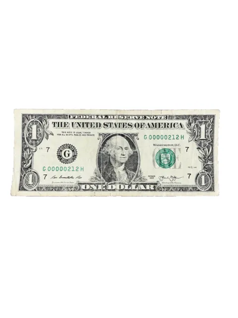 Extremely Low Serial Number $1 Dollar Bill | 2013 | Serial Number 00000212