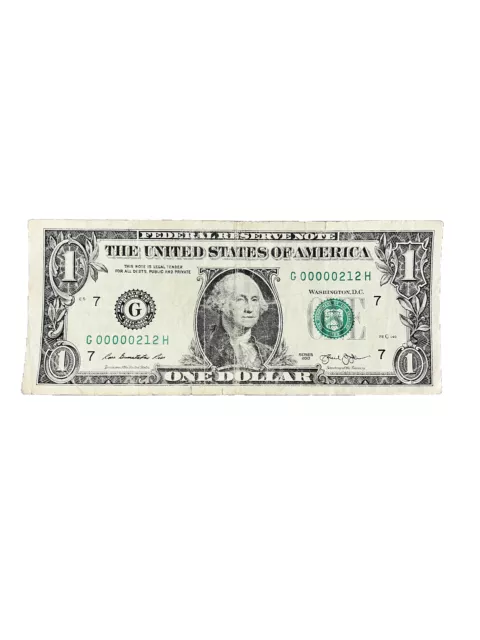 Extremely Low Serial Number $1 Dollar Bill | 2013 | Serial Number 00000212