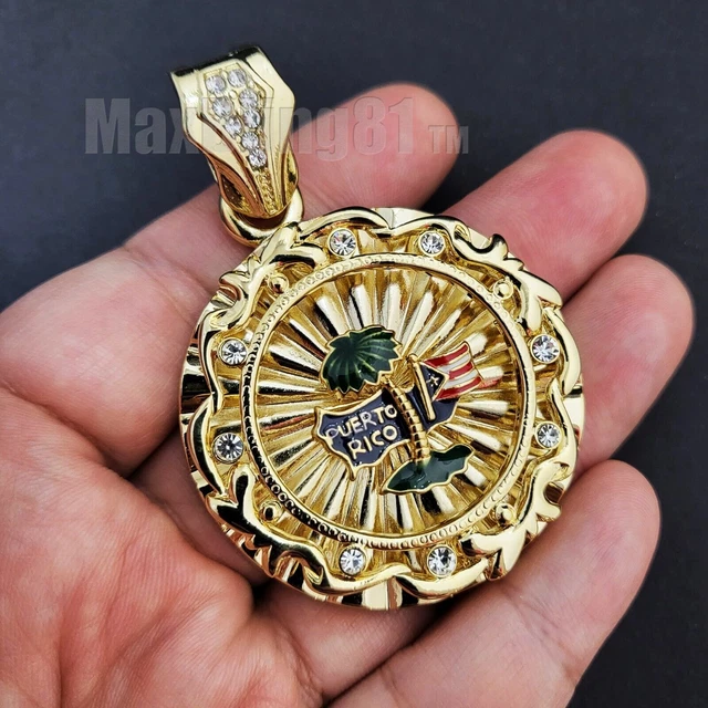 Iced Gold Plated Cubic Zirconia Puerto Rico Palm Tree & 16"~20" Chain Necklace