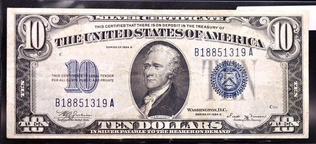 1934B $10 Silver Certificate FR#1703 Serial B18851319A - VF+ Better Mint Note
