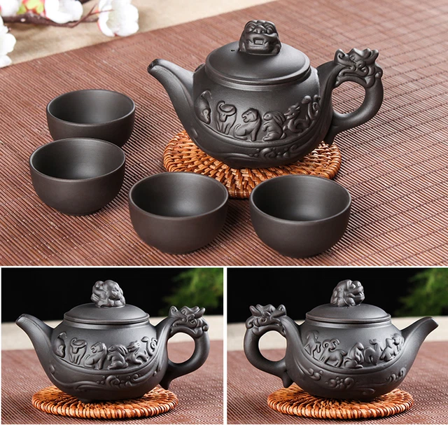 AMAZING A Set Purple Clay Manual Sculpture Black *Twelve Zodiac* Teapot Cups B04
