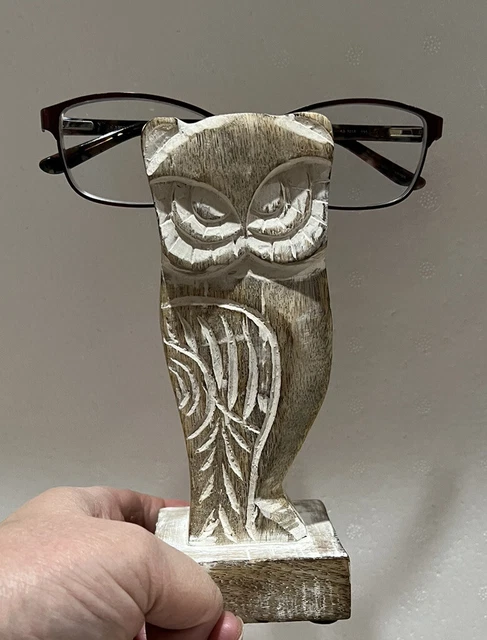 Carved Wood Owl Eye Glass Holder Eye Glass Stand Rest Wooden Bird