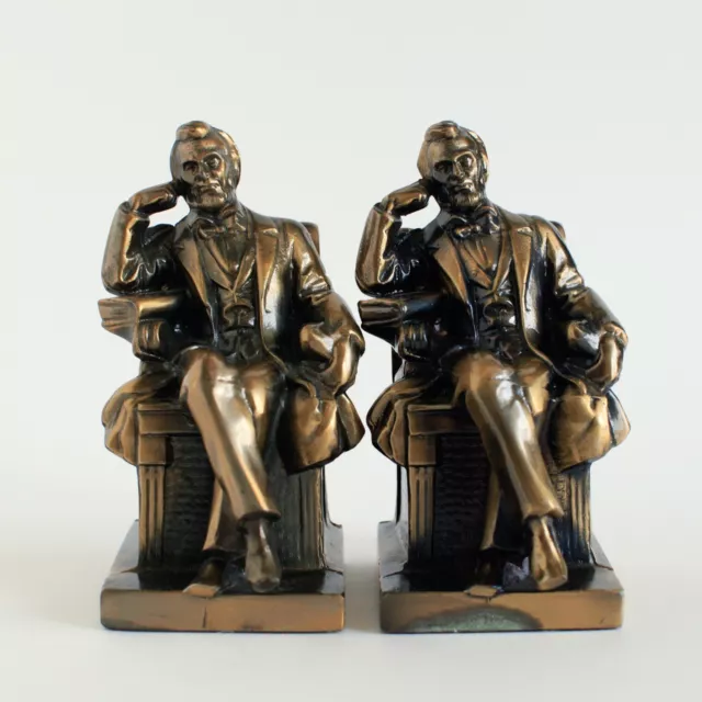 Vintage President Abraham Lincoln Sitting Brass Bronze Bookends Pondering