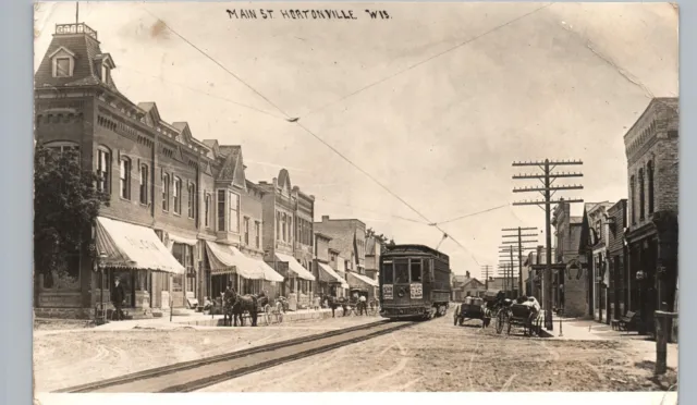 DOWNTOWN TRICK TROLLEY hortonville wi real photo postcard rppc main street wagon