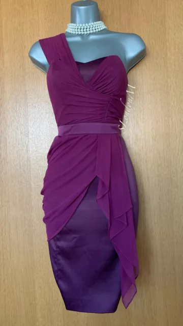 Karen Millen UK 10 Prune Soie Plissé Drapé une Épaule Robe Crayon Cocktail 38 2