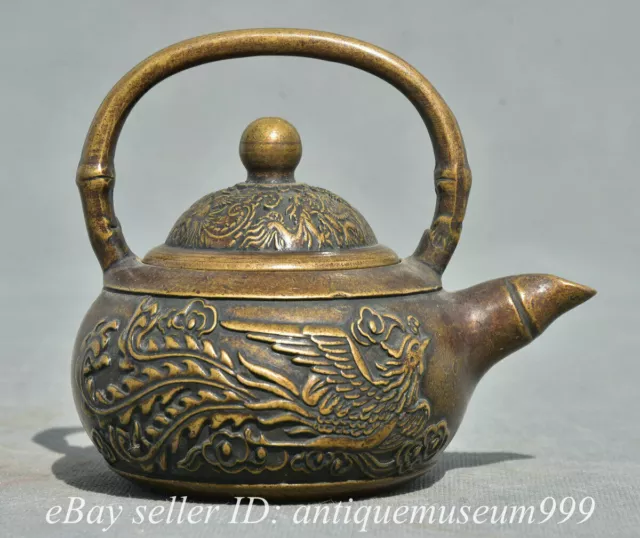 4.4" Marked Old Chinese Copper Dynasty Dragon Phoenix Portable Teapot Kettle