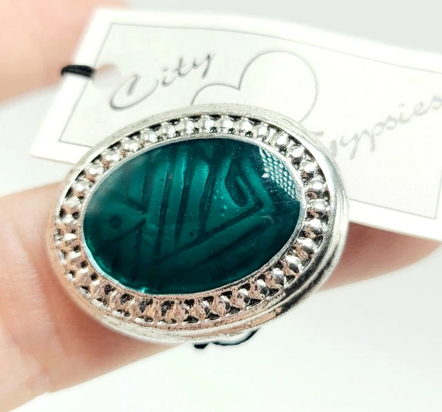 Silver Oval Ring With Green Abstract Enamel By City Gypsies Adjustable Ring