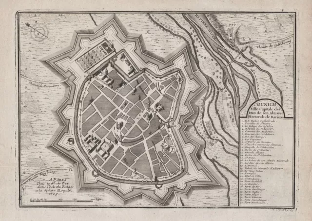 München Munich Bayern Bavaria Germany Plan Stadtplan Kupferstich de Fer 1705