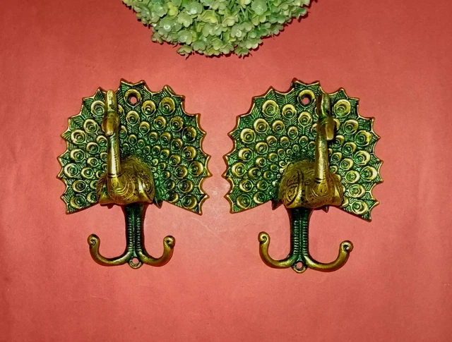Brass Peacock Design Wall Mount Hooks Peafowl Bird Clothes Hanger Set of 2 HK525