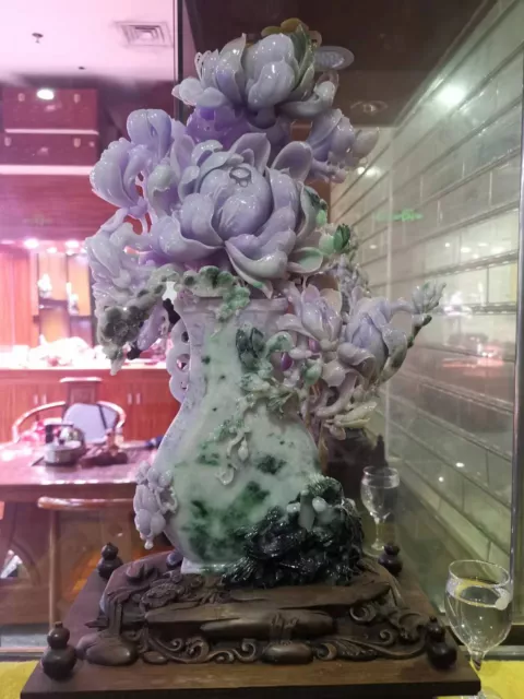 Chinese Exquisite Handmade Flowers carving Jadeite Jade Statue