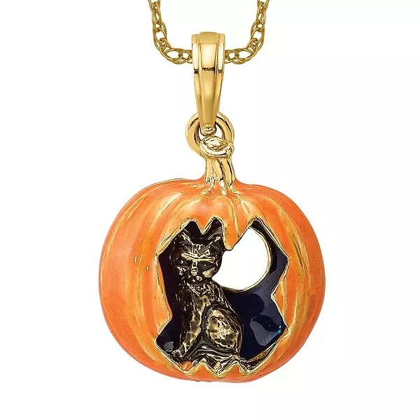 14K YELLOW GOLD Pumpkin Black Cat Crescent Moon Necklace Charm Pendant ...